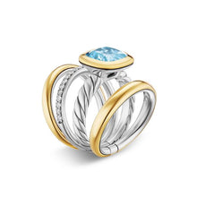 Load image into Gallery viewer, DY Mercer Four Row Stone Ring in Sterling Silver with 18K Yellow Gold, Sky Blue Topaz and Diamonds, 14mm
