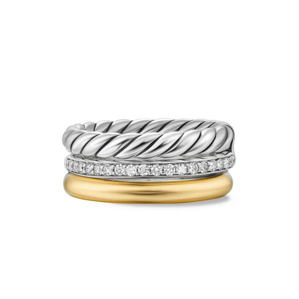 DY Mercer Three Row Ring in Sterling Silver with 18K Yellow Gold and Diamonds, 8.9mm