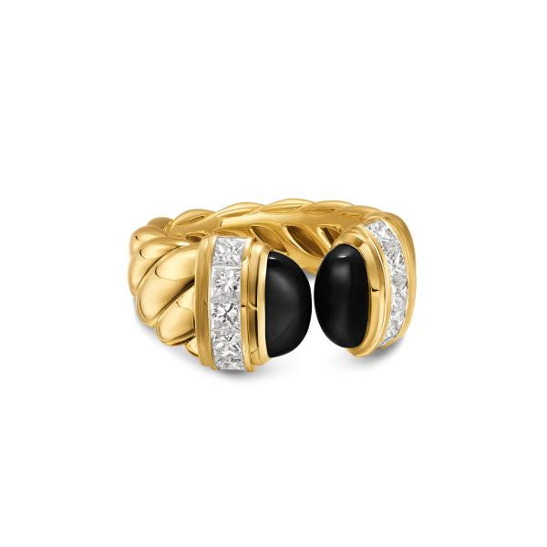 Sculpted Cable Open Cocktail Ring in 18K Yellow Gold with Black Onyx and Diamonds, 12.4mm