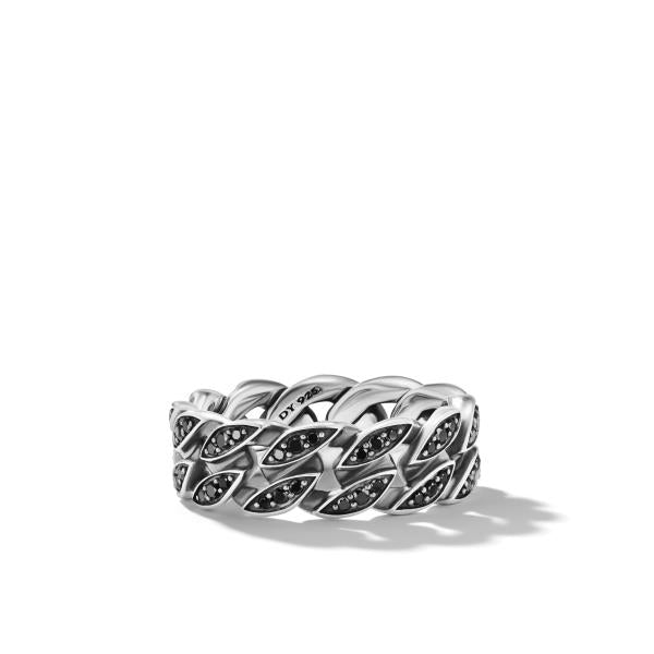 Curb Chain Band Ring in Sterling Silver with Black Diamonds, 8mm