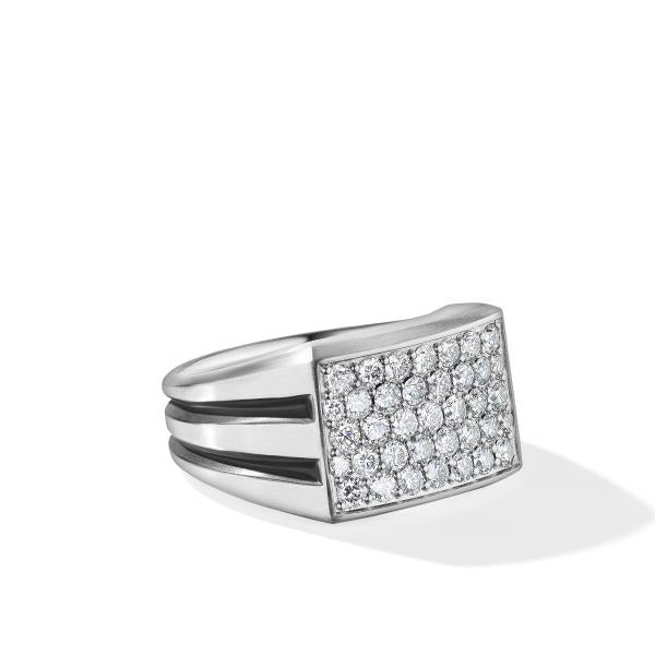 Deco Beveled Signet Ring in Sterling Silver with Pave Diamonds