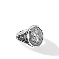 Petrvs Wolf Signet Ring in Sterling Silver with Black Diamonds, 21.5mm