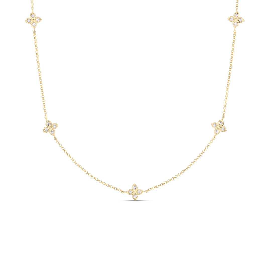 ROBERTO COIN 18K YELLOW GOLD LOVE BY THE INCH 5 STATION DIAMOND FLOWER NECKLACE