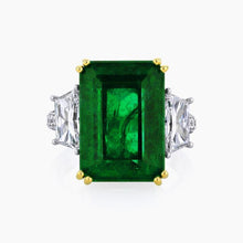 Load image into Gallery viewer, Royal Collection Platinum &amp; 18K Gold Emerald &amp; Diamond Three Stone Ring
