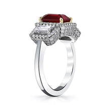 Load image into Gallery viewer, Royal Collection Platinum/18K Gold 2.28 CT Ruby &amp; 1.05 CT Emerald Cut Diamond 3-Stone Halo Ring
