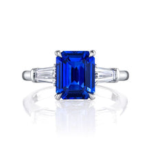Load image into Gallery viewer, Royal Collection Platinum 3.06 CT Blue Sapphire &amp; 0.56 CT Tapered Baguette 3-Stone Ring
