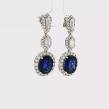 Load and play video in Gallery viewer, Royal Collection 18K White Gold Diamond &amp; Sapphire Halo Drop Earrings
