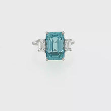 Load and play video in Gallery viewer, Royal Collection Platinum Aquamarine Three-Stone Diamond Ring
