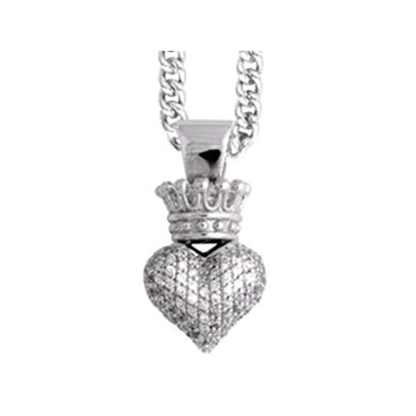 King Baby Silver Pave 3D Crowned Heart Necklace