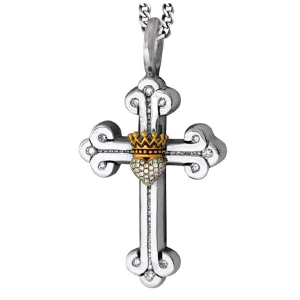 King Baby Sterling Silver Cross with Diamond Crowned Heart Pendant