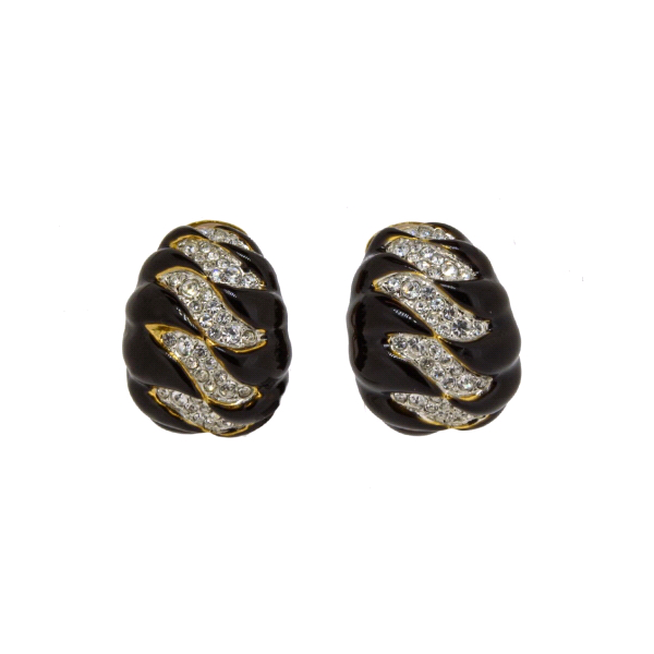 Kenneth Jay Lane Chubby Black Enamel Crystal Clip Earrings