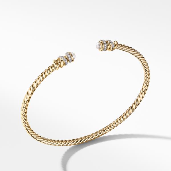 Petite Helena Open Bracelet in 18K Yellow Gold with Pearls and Diamonds