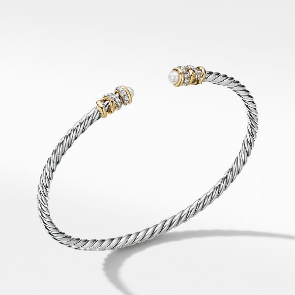Petite Helena Open Bracelet with Pearls, 18K Yellow Gold and Diamonds