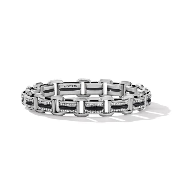 Deco Beveled Link Bracelet in Sterling Silver with Pave Diamonds
