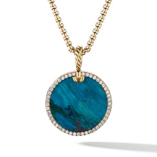 DY Elements Artist Series Disc Pendant in 18K Yellow Gold with Chrysocolla and Pave Diamonds
