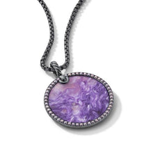 Load image into Gallery viewer, DY Elements Artist Series Disc Pendant in Blackened Silver with Chariote and Pave Purple Sapphires
