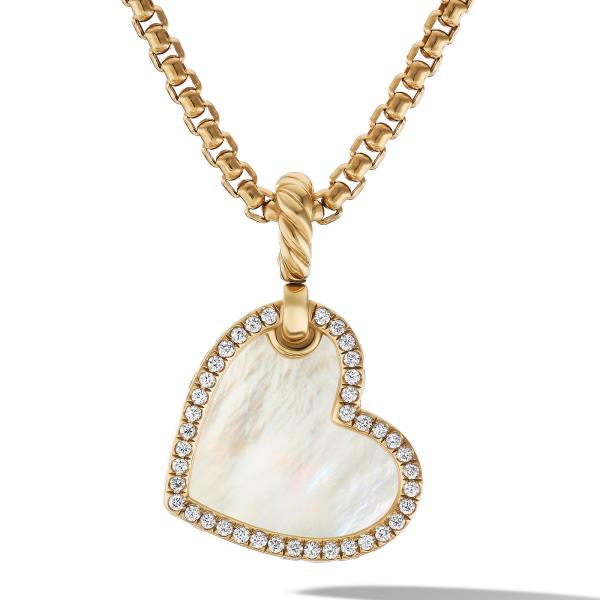 DY Elements Heart Amulet in 18K Yellow Gold with Mother of Pearl and Pave Diamonds
