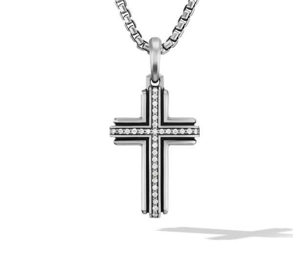 Deco Cross Pendant in Sterling Silver with Pave Diamonds