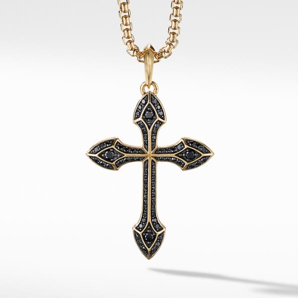 Gothic Cross Amulet in 18K Yellow Gold with Pave Black Diamonds