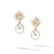 Renaissance Pearl Trillion Drop Earrings in 18K Yellow Gold with Diamonds