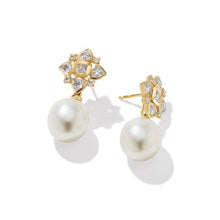 Load image into Gallery viewer, Renaissance Pearl Trillion Drop Earrings in 18K Yellow Gold with Diamonds
