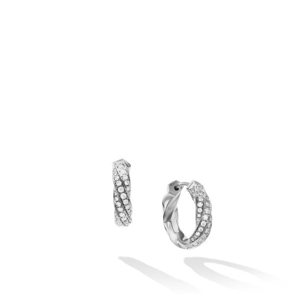 Cable Edge Huggie Hoop Earrings in Recycled Sterling Silver with Pave Diamonds