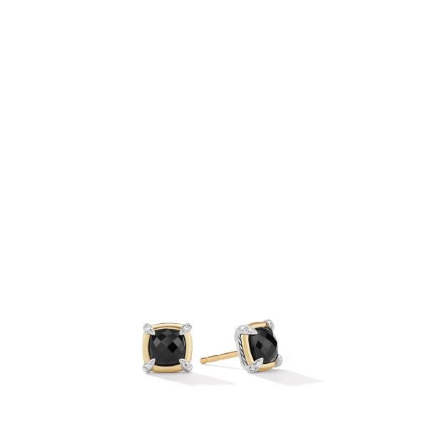 Petite Chatelaine Stud Earrings with Black Onyx, 18K Yellow Gold Bezel and Pave Diamonds