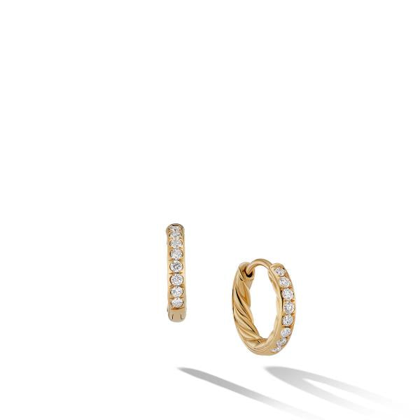 Sculpted Cable Huggie Hoop Earrings in 18K Yellow Gold with Pave Diamonds
