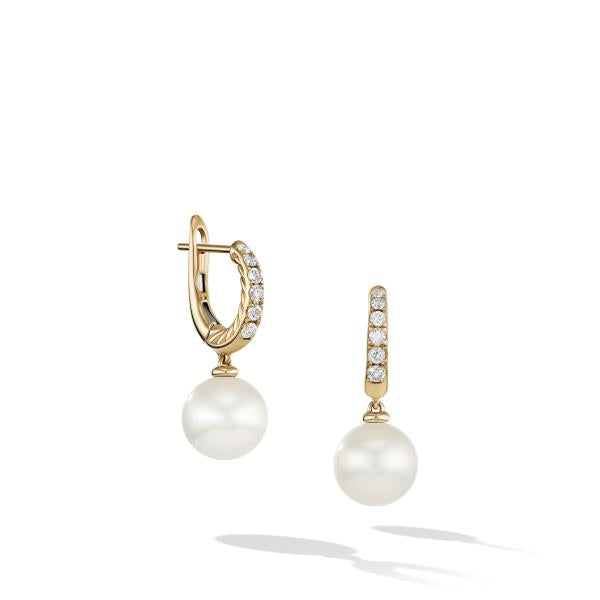 Pearl and Pave Drop Earrings in 18K Yellow Gold with Diamonds