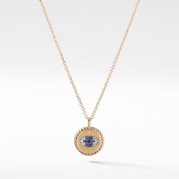 Cable Collectibles Evil Eye Charm Necklace with Blue Sapphire, Black Diamonds, and Diamonds in Gold