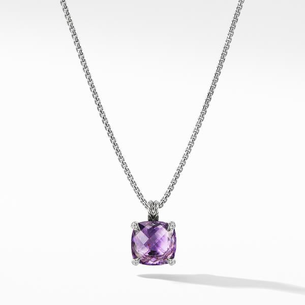 Chatelaine Pendant Necklace in Sterling Silver with Amethyst and Pave Diamonds