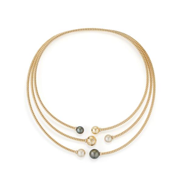 Solari Three-Row Necklace with South Sea White Pearl, Tahitian Grey Pearl and Diamonds in 18K Gold