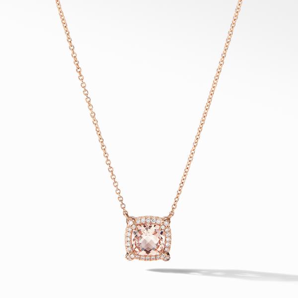 Petite Chatelaine Pave Bezel Pendant Necklace in 18K Rose Gold with Morganite