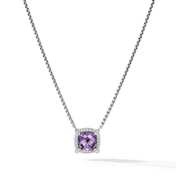 Petite Chatelaine Pave Bezel Pendant Necklace with Amethyst and Diamonds