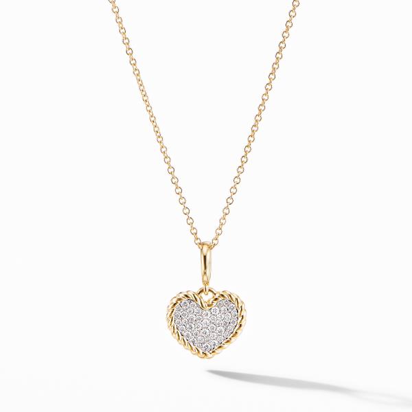 Cable Collectibles? Pave Plate Heart Charm Necklace in 18K Yellow Gold