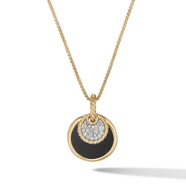 DY Elements Small Pendant Necklace in 18K Yellow Gold with Pave Diamonds and Black Onyx Reversible to Mother of Pearl