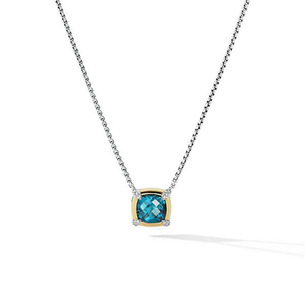 Petite Chatelaine Pendant Necklace with Hampton Blue Topaz, 18K Yellow Gold Bezel and Pave Diamonds