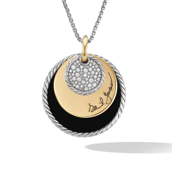 DY Elements Eclipse Pendant Necklace with Black Onyx Reversible to Mother of Pearl, 18K Yellow Gold and Pave Diamonds