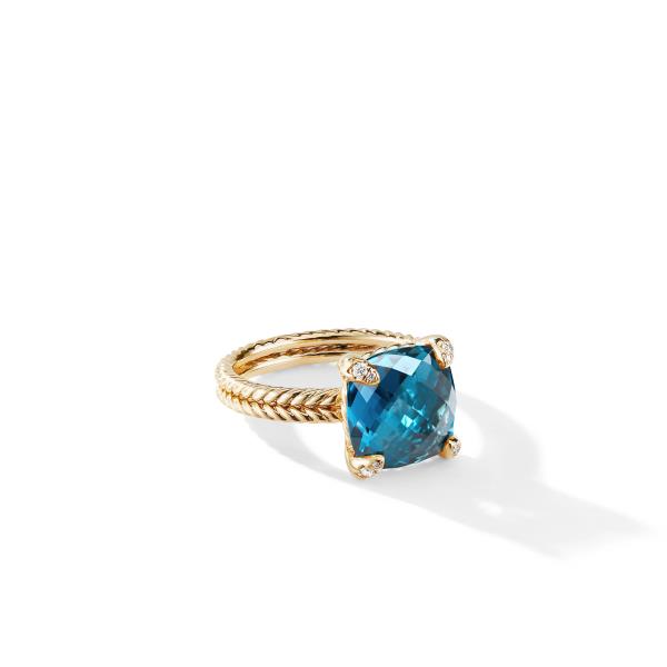 Chatelaine Ring in 18K Yellow Gold with Hampton Blue Topaz and Pave Diamonds