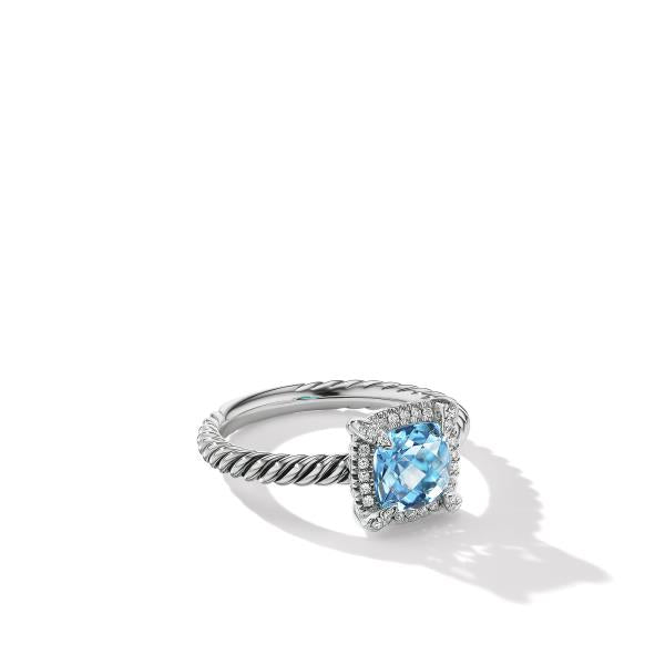 Petite Chatelaine Pave Bezel Ring with Blue Topaz and Diamonds