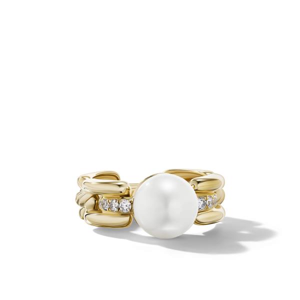 DY Madison Pearl Ring in 18K Yellow Gold with Pave Diamonds