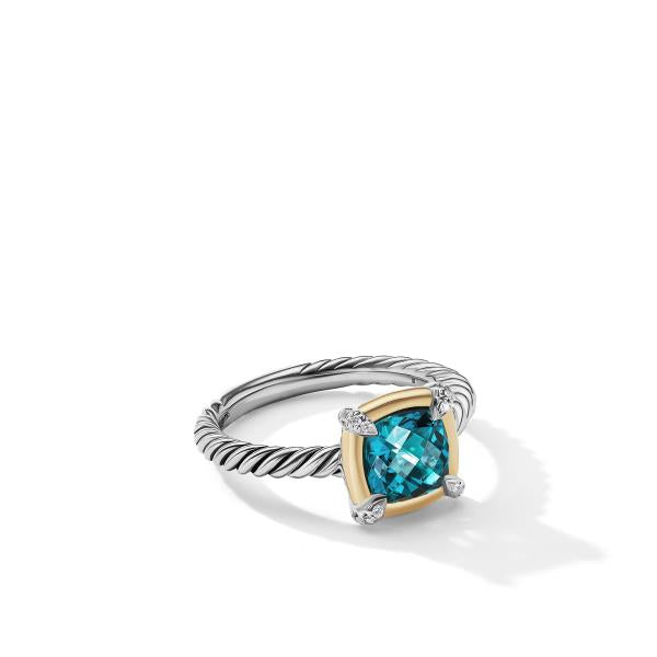 Petite Chatelaine Ring with Hampton Blue Topaz, 18K Yellow Gold Bezel and Pave Diamonds