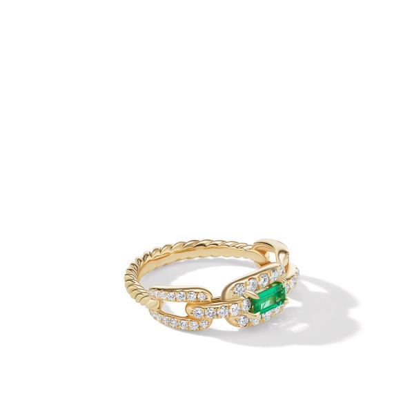 Stax Chain Link Ring in 18K Yellow Gold with Pave Diamonds and Emerald