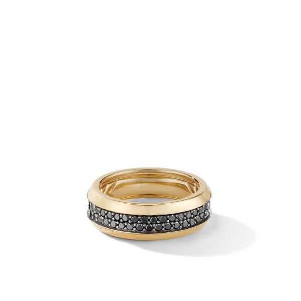 Beveled Two Row Band Ring in 18K Yellow Gold with Pave Black Diamonds