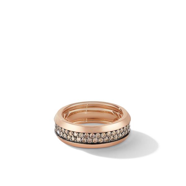 Beveled Two Row Band Ring in 18K Rose Gold with Pave Cognac Diamonds