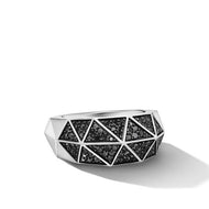 Torqued Faceted Signet Ring in Sterling Silver with Pave Black Diamonds