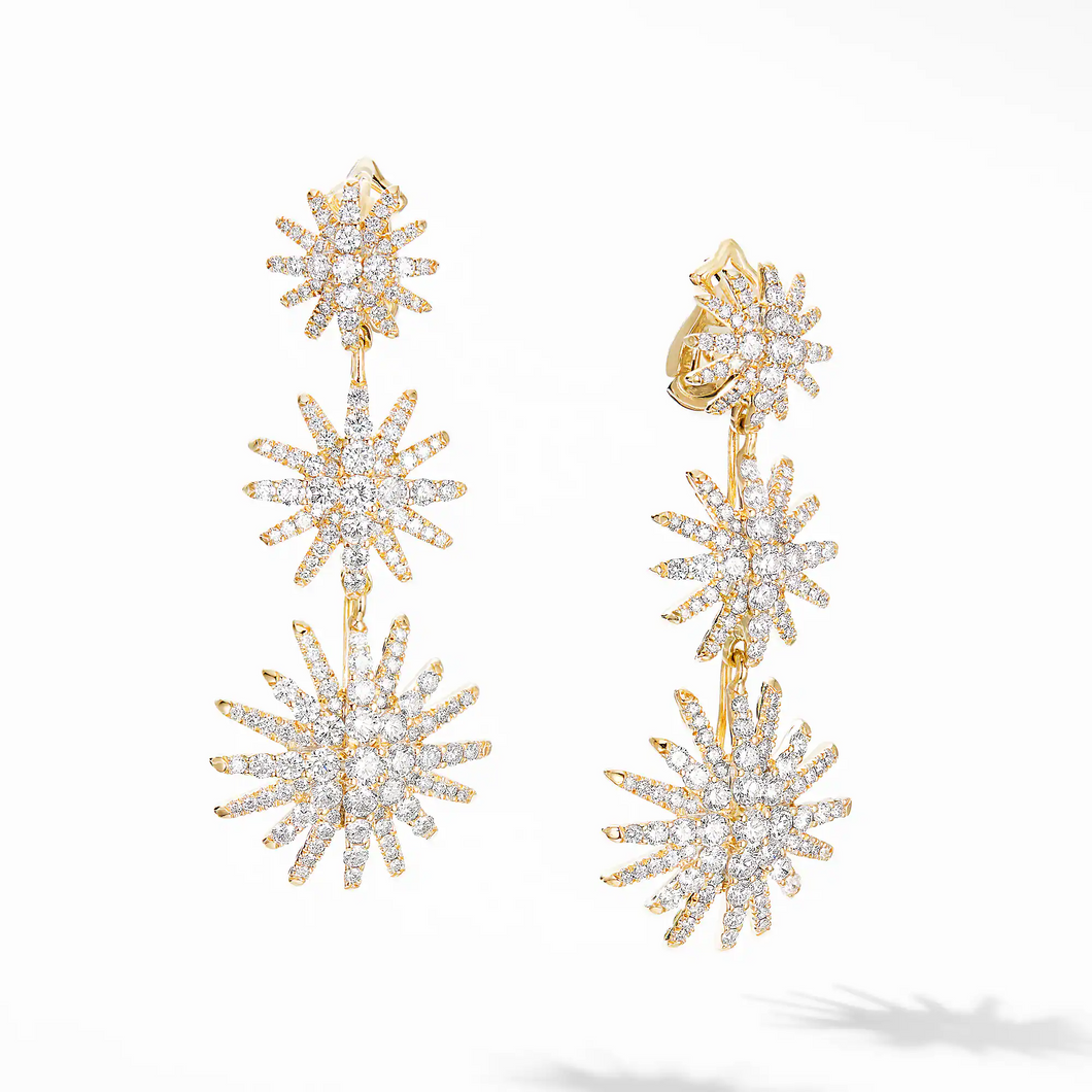 Starburst Triple Drop Earrings in 18K Yellow Gold with Pave Diamonds